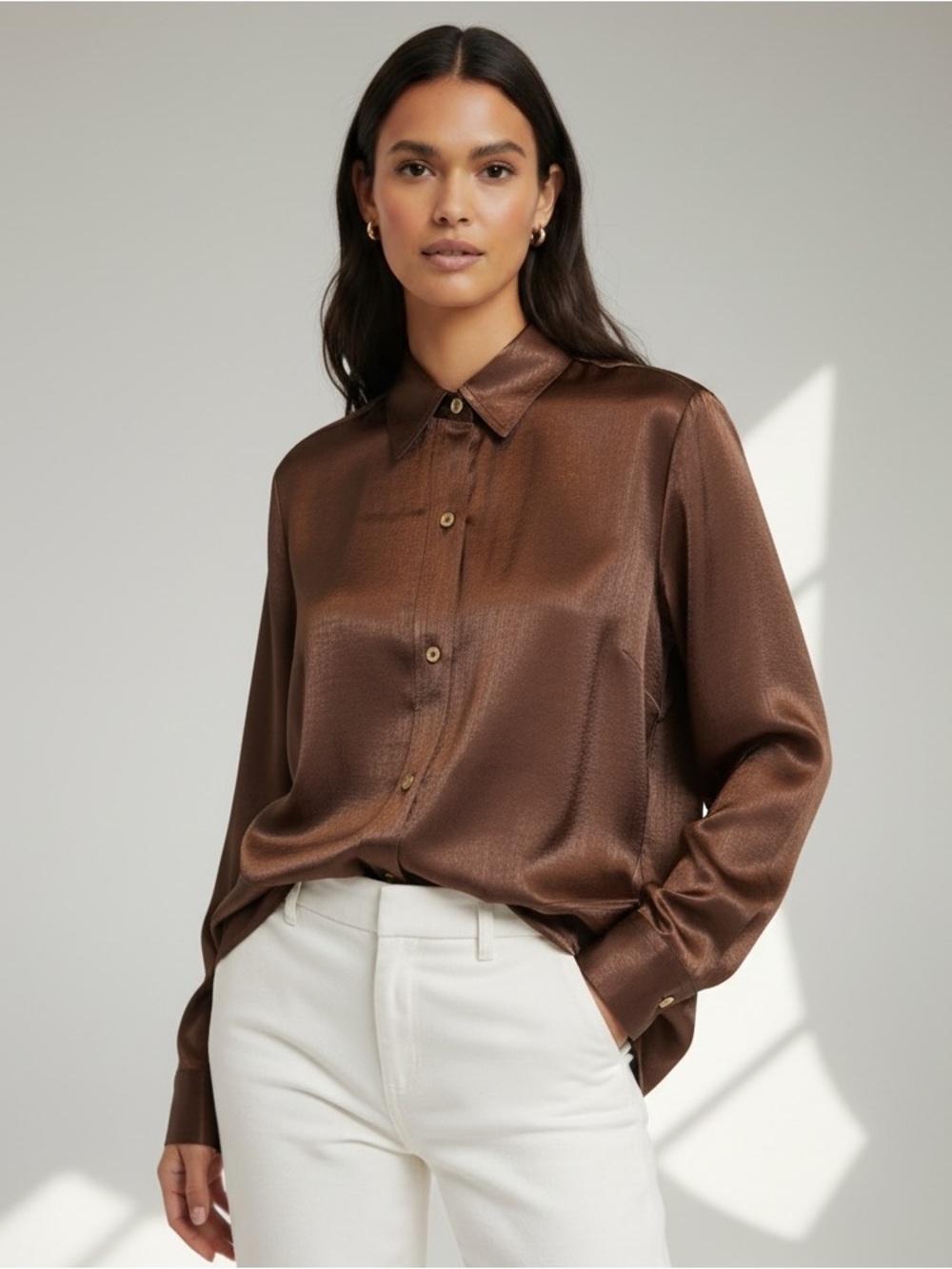 NWT Michael Kors Brown Long Sleeve Satin Button Down Shirt S/P